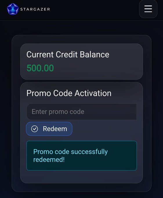 A Stargazer app interface displays a 'Current Credit Balance' of 500.00 and a 'Promo Code Activation' field showing 'Promo code successfully redeemed!'
