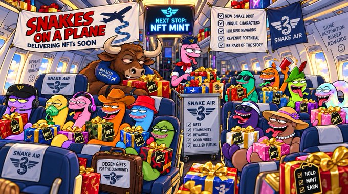 A cartoon illustration titled 'SNAKES ON A PLANE - DELIVERING NFTs SOON' showing colorful snakes in airplane seats with gift boxes labeled 'NFT' and banners reading 'SNAKE AIR' and 'NEXT STOP: NFT MINT'.