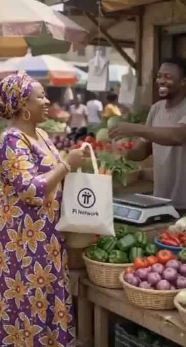 A smiling woman at a vibrant outdoor market hands a vendor a tote bag labeled "Pi Network" with the π symbol, while baskets of fresh peppers, onions, and tomatoes line the stall. The scene visually brings the #PaywithPi vision to life—imagining everyday transactions being made seamlessly with Pi cryptocurrency in a real-world marketplace setting.