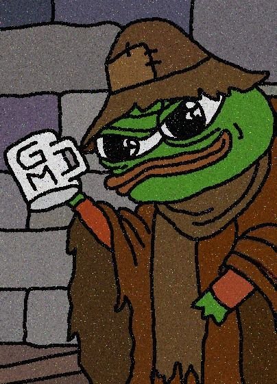 A cartoon depiction of Pepe the Frog dressed in a brown robe and hat, holding up a mug with the letters 'GM', referencing the crypto community's 'Good Morning' greeting.