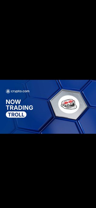 A mobile advertisement for crypto.com displays a blue hexagonal background with a trollface character, promoting a 'NOW TRADING TROLL' coin.
