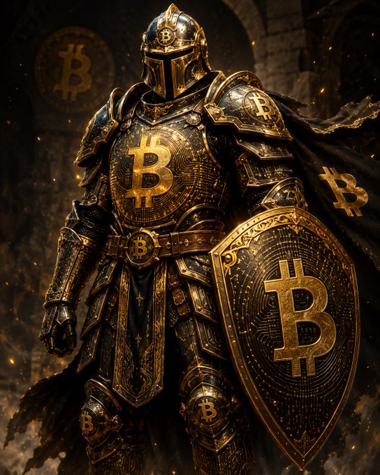Digital artwork of a medieval knight in ornate black and gold armor emblazoned with Bitcoin 'B' symbols, holding a matching shield with a Bitcoin logo.