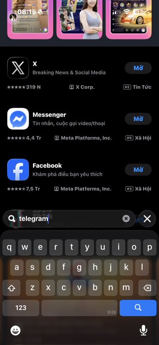 A mobile App Store search screen showing the user typing "telegram" with other apps like X, Messenger, and Facebook visible above the keyboard. The image illustrates the searcher's concern about Telegram potentially being removed from the App Store, as they heavily rely on the app for daily communication and crypto tracking.
