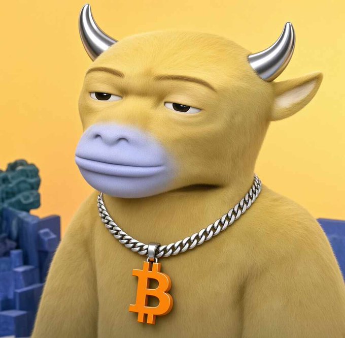 A 3D-rendered cartoon bull character with silver horns, a bored expression, and a thick silver chain necklace featuring an orange Bitcoin (₿) pendant, set against a yellow background with a stylized city skyline.
