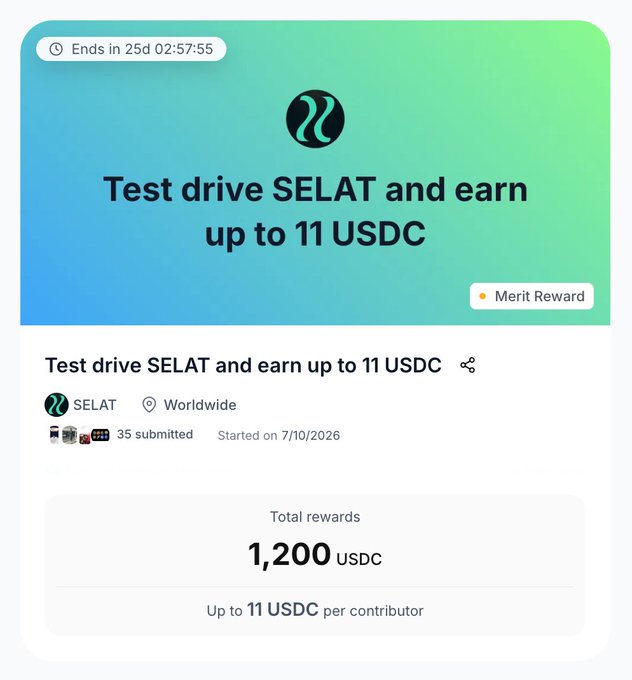 A promotional task card from joinpond.ai titled "Test drive SELAT and earn up to 11 USDC," showing 35 submissions, a total reward pool of 1,200 USDC, and a countdown ending in 25 days, which aligns with the post's call to test the SELAT agent and earn USDC rewards.