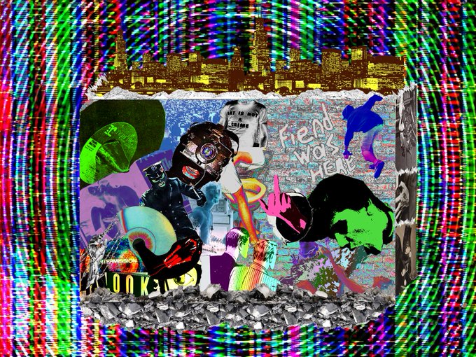 A chaotic, vibrant digital collage artwork with a glitch effect, featuring a central figure in a gas mask, the text 'FEND WOR HEIR', various abstract shapes, and a bright, wavy, multicolored border.