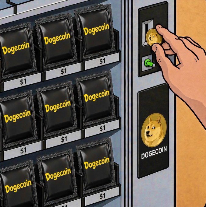 A hand places a coin with a Shiba Inu dog into a vending machine labeled "DOGECOIN," which is stocked with black packets marked "Dogecoin" priced at $1 each.