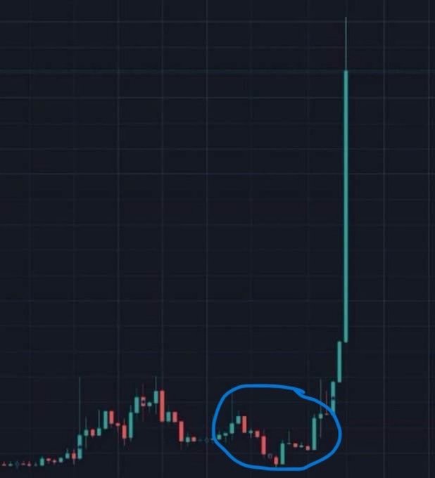 A dark-themed candlestick chart shows a prolonged period of sideways consolidation (circled in blue) followed by an explosive vertical breakout to the upside — visually supporting the post's premise that low-cap memecoins can deliver sudden parabolic gains, making them appealing picks to shill.
