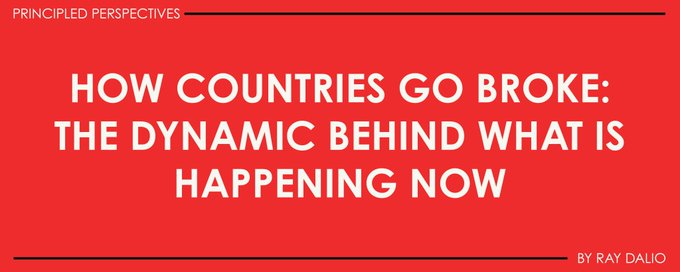 A bold title card on a red background reading "HOW COUNTRIES GO BROKE: THE DYNAMIC BEHIND WHAT IS HAPPENING NOW" by Ray Dalio, under the "PRINCIPLED PERSPECTIVES" banner. This image relates to the post by promoting Dalio's recent analysis on the U.S. debt approaching a major turning point in the "big debt cycle," which the author ties to actionable investment advice in gold and Bitcoin.