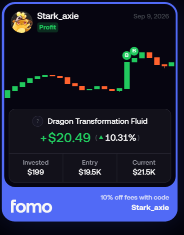A dark-themed financial app or trading card for "Stark_axie" shows a profit of +$20.49 (10.31%) on a candlestick chart for "Dragon Transformation Fluid," with a "10% off fees with code Stark_axie" banner.