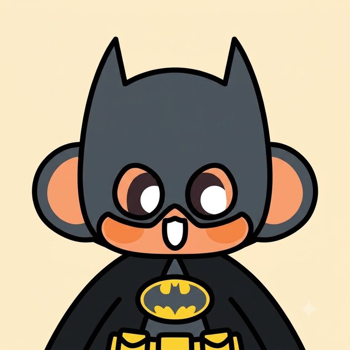 A cartoon illustration of a cute character wearing a Batman cowl and cape with the yellow bat symbol on the chest.