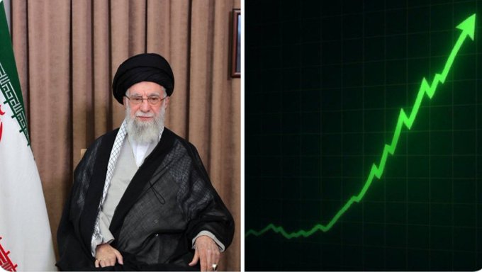 The image is a split composition: on the left, Iran's Supreme Leader Ayatollah Ali Khamenei sits in religious clerical attire beside the Iranian flag, and on the right, a green upward-trending chart arrow symbolizes rising value—visually reinforcing the post's message about Iran's approval of Bitcoin for transit fees at the Strait of Hormuz as a significant bullish signal for BTC adoption.