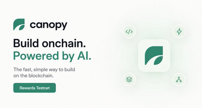 The image is a promotional banner for Canopy (CNPYNetwork) featuring its leaf logo and the tagline "Build onchain. Powered by AI." with a description highlighting it as "The fast, simple way to build on the blockchain," along with a "Rewards Testnet" button and icons representing code, speed, layers, and networking—visually reinforcing the post's message about simplifying blockchain development through AI-powered tools and an accessible testnet ecosystem.