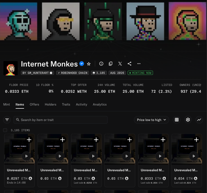 A screenshot of the OpenSea NFT marketplace displaying the "Internet Monkes" collection, showing a floor price of 0.0333 ETH, 24H volume of 25.00 ETH, and 937 owners. The listed items visible appear to be unrevealed "Monkes," fitting the context of someone celebrating a recent win and whitelist access for upcoming NFT collaborations.