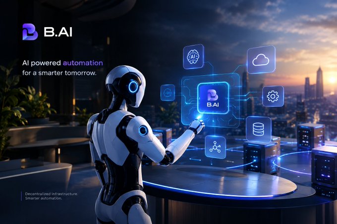 A futuristic white robot interacts with floating digital icons next to the "B.AI" logo and the text "AI powered automation for a smarter tomorrow."