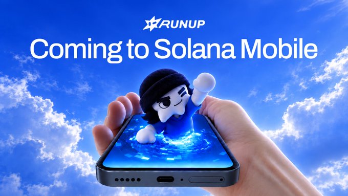 A promotional graphic showing a hand holding a smartphone emerging from blue water against a sky background, with the text 'RUNUP' and 'Coming to Solana Mobile' displayed above an animated character.