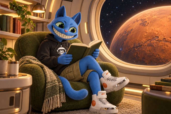 A 3D-rendered blue cartoon cat character sitting in a green armchair reading a book, with a window showing Mars and stars behind it.