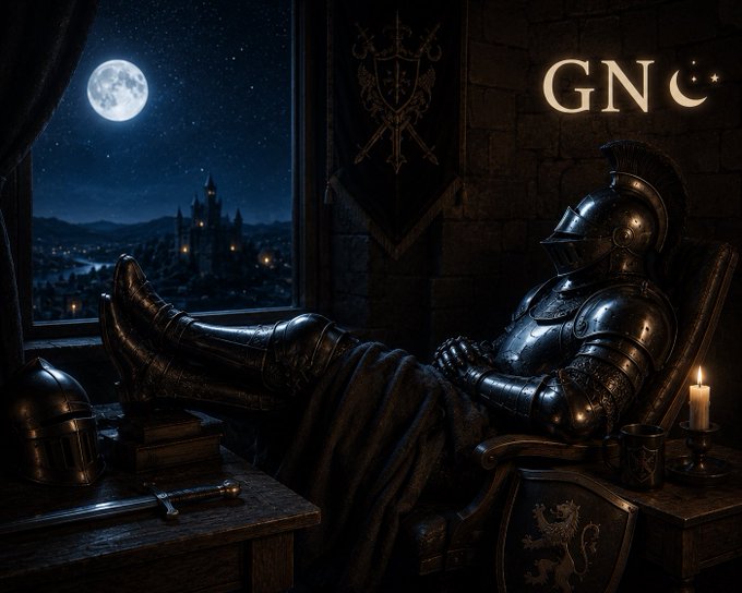 An illustration of a knight in black armor relaxing with boots up on a table by a moonlit window, with "GNC" text visible on the wall.