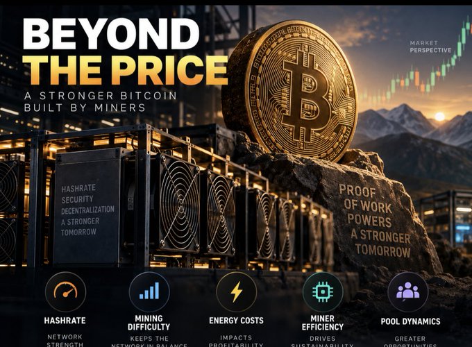 A promotional graphic titled 'BEYOND THE PRICE: A STRONGER BITCOIN BUILT BY MINERS' featuring a large Bitcoin coin on rock next to mining rigs, with icons for Hashrate, Mining Difficulty, Energy Costs, Miner Efficiency, and Pool Dynamics.