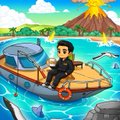 A pixel art illustration of a person standing on a wooden boat in turquoise water near an erupting volcano.