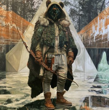 AI-generated digital artwork depicting a hooded figure wearing a bear mask, fur-trimmed cloak, and tactical gear, holding a bow in a post-apocalyptic setting with geometric structures, an orange-fenced compound, and reflective watery ground.