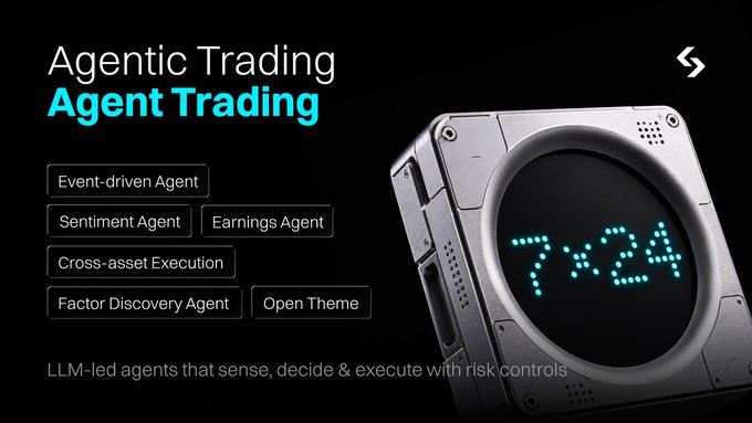 A promotional image for 'Agentic Trading / Agent Trading' featuring a futuristic device displaying '7:24', listing capabilities like Event-driven Agent, Sentiment Agent, Earnings Agent, Cross-asset Execution, and Factor Discovery Agent.