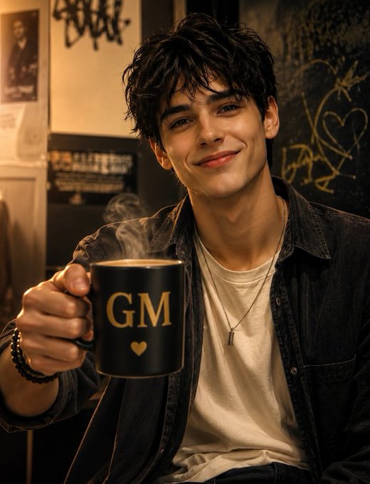 A young man with dark wavy hair smiles at the camera while holding up a black mug with 'GM' and a heart printed in gold, set in a dimly lit, graffiti-decorated room.