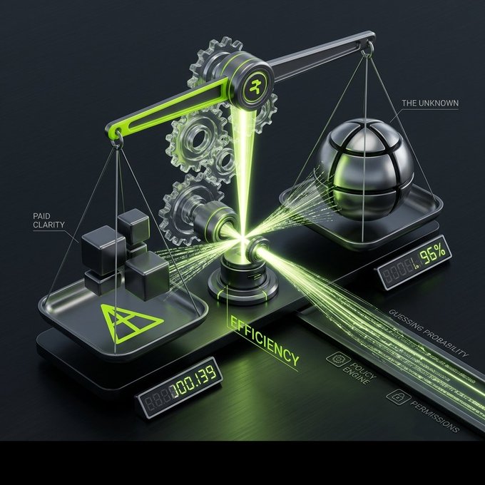 A futuristic 3D illustration of a balance scale weighing 'PAID CLARITY' cubes against 'THE UNKNOWN' sphere, with 'EFFICIENCY' and 'GUESSING PROBABILITY' labels.