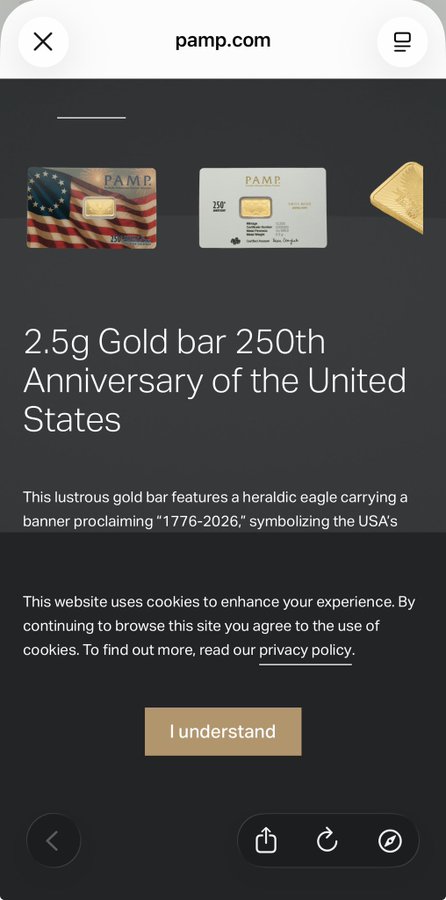 A mobile screenshot of pamp.com displays a product listing for a "2.5g Gold bar 250th Anniversary of the United States" featuring American flag and seal designs, along with a cookie consent notice.