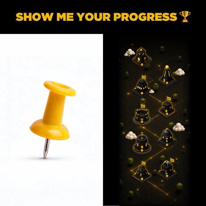 The image shows a yellow pushpin next to a graphic of a progress map featuring buildings and glowing lines, symbolizing achievement and advancement. The text "SHOW ME YOUR PROGRESS" with a trophy icon at the top directly relates to the post's call to "flex your progress."