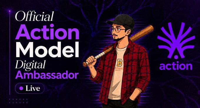 A promotional banner featuring a cartoon illustration of a man in a red plaid shirt and black cap holding a baseball bat, with text reading 'Official Action Model Digital Ambassador' and 'Live', alongside a purple 'action' logo.