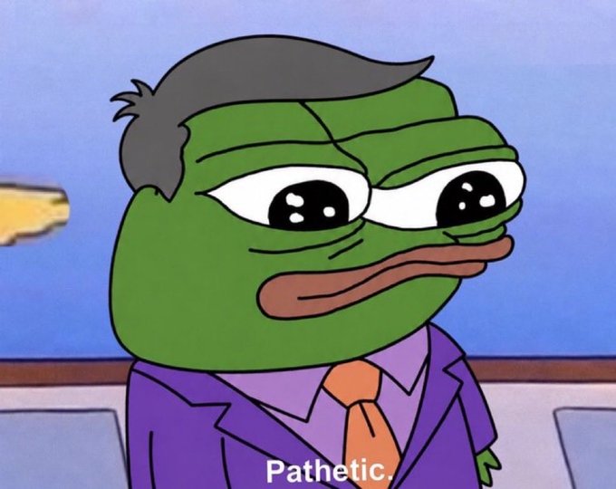 The image shows the "Sad Pepe" or "Pathetic Pepe" meme—a crying, green cartoon frog in a purple suit with the caption "Pathetic." written at the bottom. The meme is being used sarcastically to mock or express disappointment at the post, likely implying skepticism or ridicule toward the claim about the samsrep.sol domain transfer and the user's attempt to distance themselves from the wallet's prior owner.