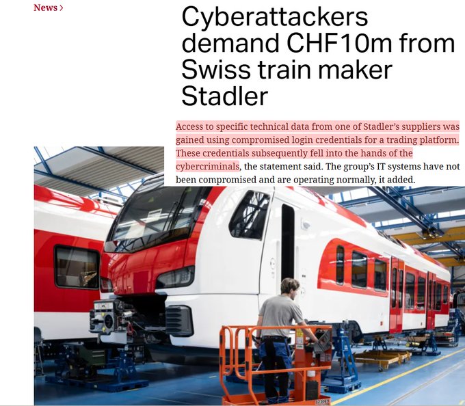 The image shows a news article headline "Cyberattackers demand CHF10m from Swiss train maker Stadler," with a photo of a worker on a lift next to a red and white train. It illustrates the growing cybersecurity threats facing major institutions, reinforcing the post's argument that robust blockchain-based security solutions like $ICP are increasingly essential for protecting sensitive corporate and supply chain data.