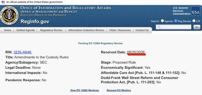 A screenshot from Reginfo.gov, an official US government website showing a 'Pending EO 12866 Regulatory Review' for RIN: 3235-AN46, titled 'Amendments to the Custody Rules' with a received date of 08/25/2026 and a subagency of SEC.