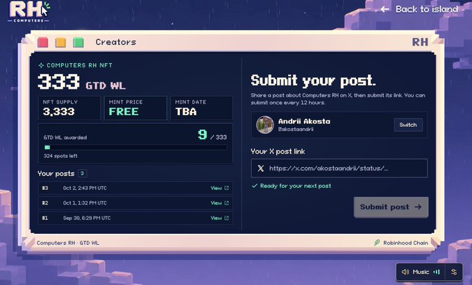 A screenshot of the "RH COMPUTERS RN NFT" creator dashboard on Robinhood Chain, showing an NFT supply of 3,333, a free mint with TBA date, and a section to submit posts via an X link for a GTD WL.