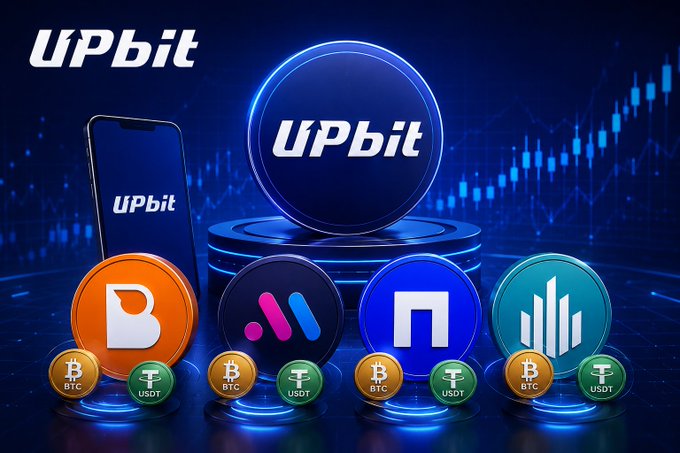 Promotional graphic for UpBit cryptocurrency exchange showing a smartphone, the UpBit logo, and various crypto coins including BTC and USDT against a blue background.