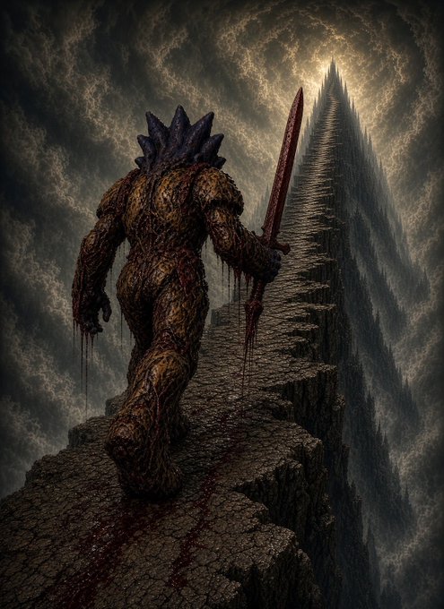 A dark fantasy digital artwork depicting a monstrous, blood-soaked creature with spikes on its back, holding a bloody sword while walking along a narrow stone bridge toward a distant fortress.