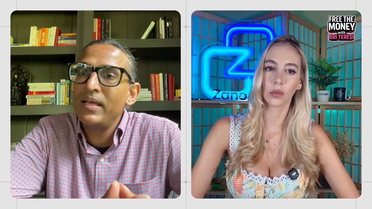 The image shows a split-screen video interview from the "Free the Money with Bri Teresi" show, featuring a man with glasses on the left and a blonde woman on the right, with a neon "Zano" sign visible behind her. The visual pairs with the post about privacy-focused AI tools like Venice using Brave Search to avoid Google data logging during web searches.