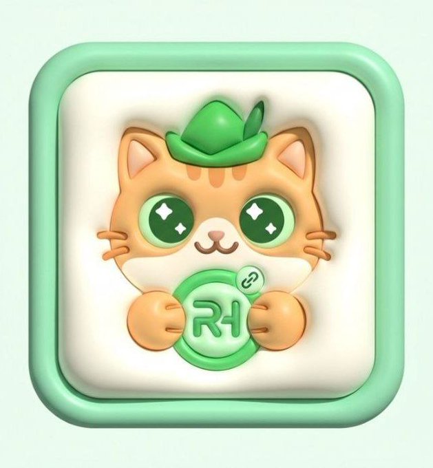 A 3D-rendered cute orange tabby cat icon with sparkly green eyes, wearing a small green hat, holding a green circular token marked 'R1' with a link symbol, set against a light green background.