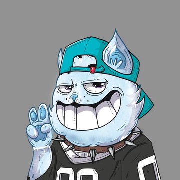 A cartoon blue cat-like character with sharp teeth wearing a backwards teal cap and black jersey, holding up two fingers in a peace sign against a gray background.