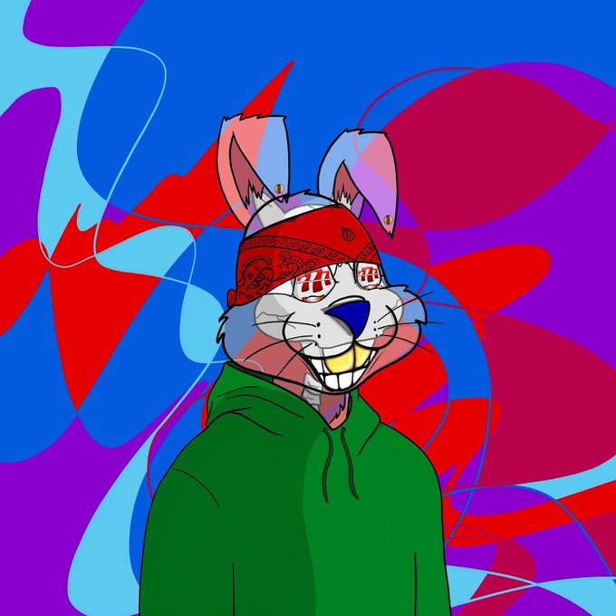 A digital illustration of a white cartoon bunny with a red bandana, red eyes, and a green hoodie against a colorful, abstract red, blue, and purple background.