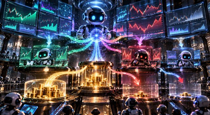 A futuristic scene depicting robots interacting with colorful glowing energy streams and digital stock market charts displayed on multiple screens around them.