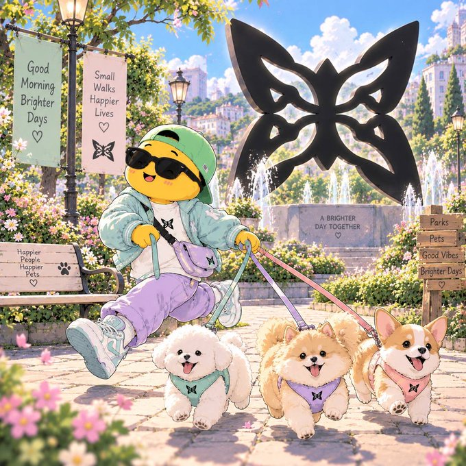 An anime-style illustration of a yellow character wearing a green cap, sunglasses, and hoodie, walking three small dogs (white, orange, and corgi) on leashes through a sunny park with banners reading 'Good Morning Brighter Days'.