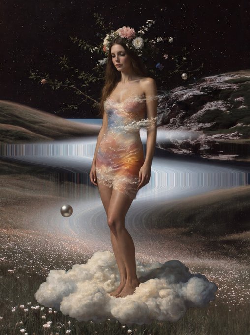 A surreal digital artwork featuring a woman in a flowing dress adorned with flowers, standing on a cloud above a dreamy landscape with cosmic elements.