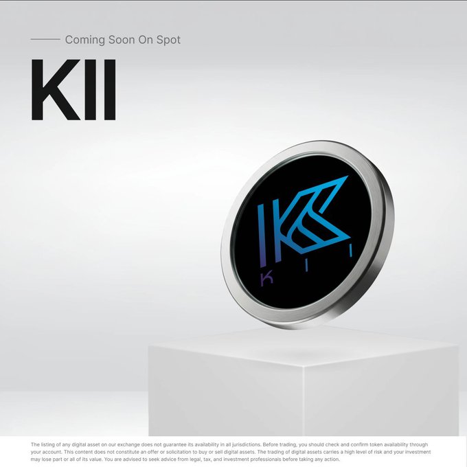 A promotional advertisement for the KII token "Coming Soon On Spot" by an exchange, showing a metallic coin/medallion with the KII logo on a white pedestal, with a disclaimer about digital asset risks.