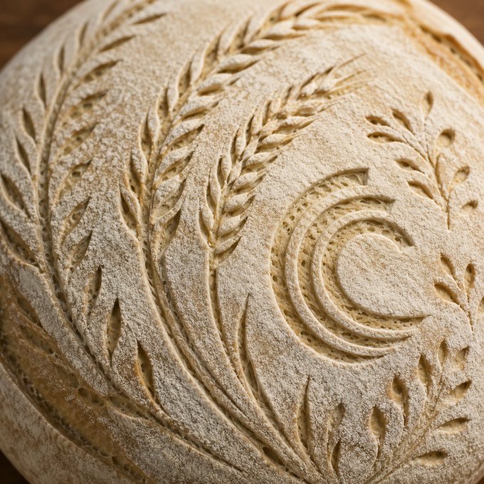 A beautifully scored artisan sourdough loaf featuring intricate wheat stalk and sunburst engravings. The botanical bread design beautifully mirrors the message of "planting seeds and sharing the harvest," symbolizing growth, abundance, and the fruits of nurtured labor.