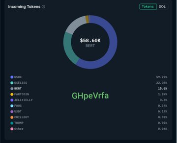 Cryptocurrency token distribution chart titled 'Incoming Tokens' showing $58.60K in BERT with breakdown including USDC (59.27%), USELESS (22.58%), and BERT (15.64%), address GHpeVrfa.