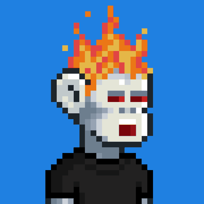 A pixel art illustration of a skull-faced character with a flaming orange and red head, wearing a black shirt against a blue background.