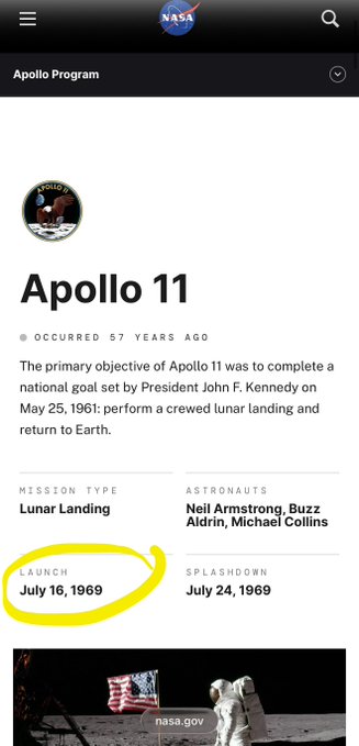 NASA Apollo Program page showing Apollo 11 mission details, with the launch date "July 16, 1969" circled in yellow, astronauts Neil Armstrong, Buzz Aldrin, and Michael Collins, and a splashdown date of July 24, 1969.