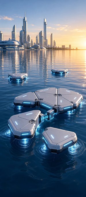 A futuristic sci-fi scene depicting floating hexagonal platforms on calm water with glowing blue lights, set against a modern city skyline at sunset.